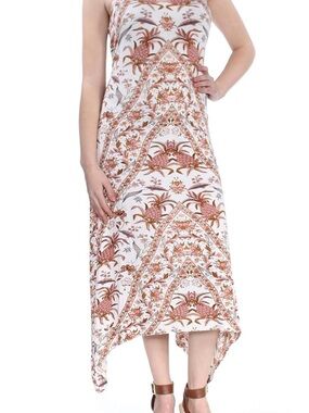 Lucky Brand Boho Floral Handkerchief Hem Maxi Dress White with Rust & Tan Print